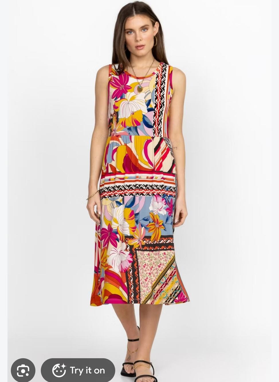 Johnny Was Rachel May Easy Fit Patchwork Floral Tank Midi Dress XL
